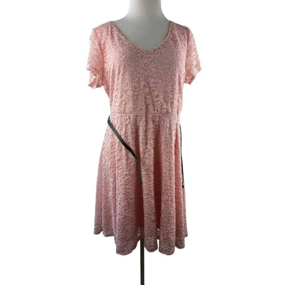 Torrid Sparkle Lace Skater Dress Belted V-Neck Pink Plus Size 2 2X *Read H13562 - Picture 14 of 16